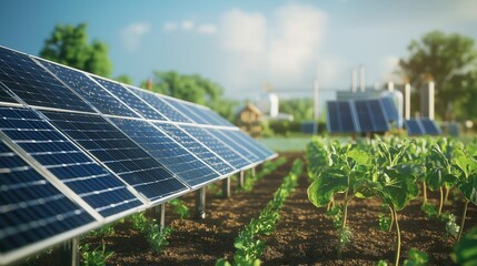 Fototapeta premium Solar panels installed in agricultural field for sustainable energy generation, supporting eco-friendly farming practices.