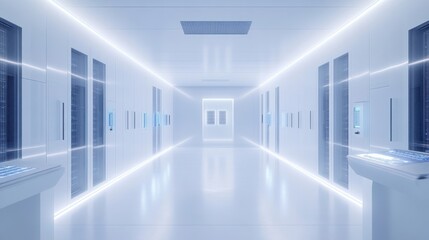 Bright white data center server room, sleek and organized with futuristic technology, clean surfaces, and LED lighting.
