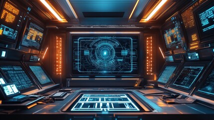 Obraz premium Control room with holographic digital interface, numerous screens, and a central display showcasing futuristic UI design, perfect for sci-fi technology concepts.
