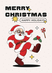 New Year Winter poster. Merry Christmas greeting card with funny santa claus groovy character, holly branch and candy. Vector illustration, editable stroke.