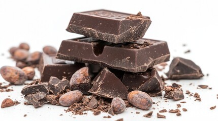 Chocolate bar broken into pieces with cocoa beans on white background