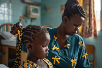 Family Support and Bonding in Hospital: Intimate Mother-Daughter Moment with Yellow Ribbons