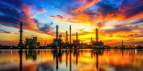Naklejka premium Oil refinery silhouetted against a colorful sunset over water, industrial, scene, oil refinery
