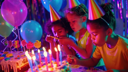 Nostalgic 90s Birthday Party with Kids in Colorful Hats and Neon Decorations