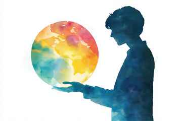 A silhouette of a person holding a colorful globe, symbolizing care for the planet and global...