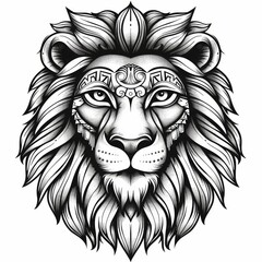 Fototapeta premium Lion head with tribal ornaments in simple line drawing.