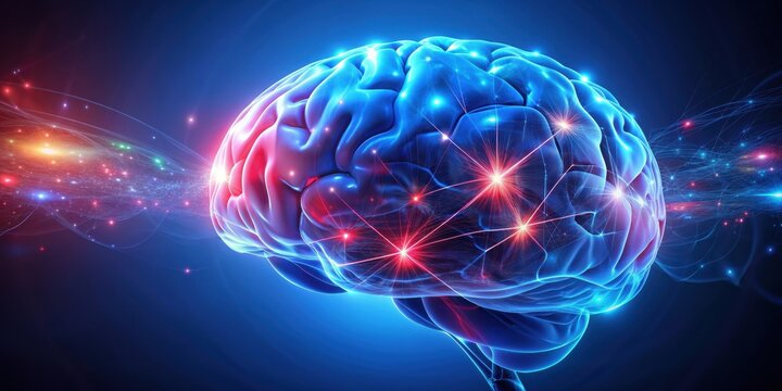 Blue human brain with red and blue lights, brain, human, blue, red, lights, neuroscience, intelligence