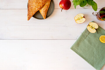 Apple Puff. Homemade Breakfast with Apple Puffs. Top view. Space for text