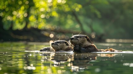 Fototapeta premium Playful Otter Family Floating in Sunlit River for Tranquil Nature Scene