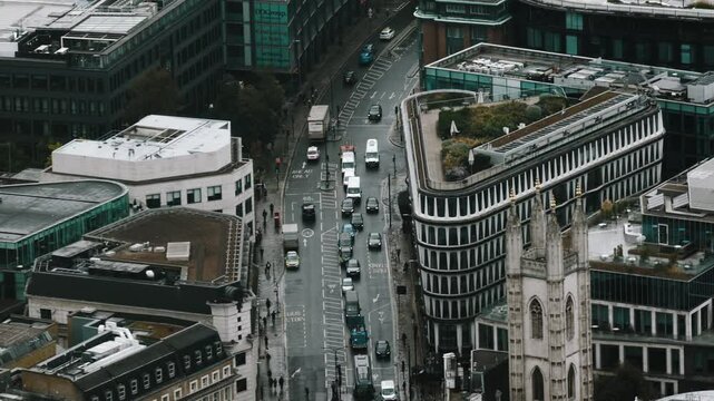 Central London Aerial View of Queen Victoria Street Road buildings, the City of London EC2 Eastern Central London, England United Kingdom
