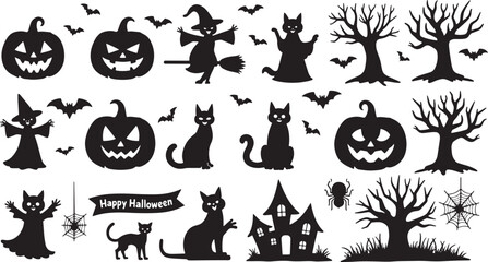 Happy Halloween set of black silhouettes isolated on a white background. Vector illustration