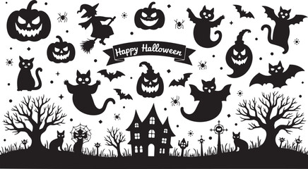 Happy Halloween set of black silhouettes isolated on a white background. Vector illustration