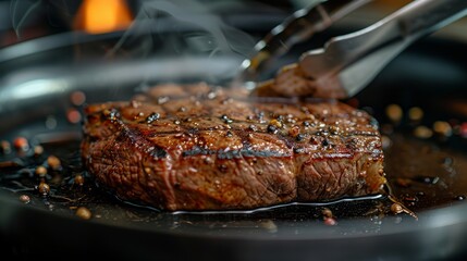 A juicy steak is being cooked in a pan with tongs,  with steam rising from the sizzling meat.