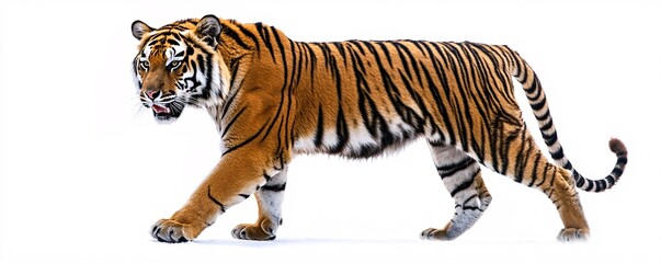 Confident siberian tiger striding through the snow against a white backdrop