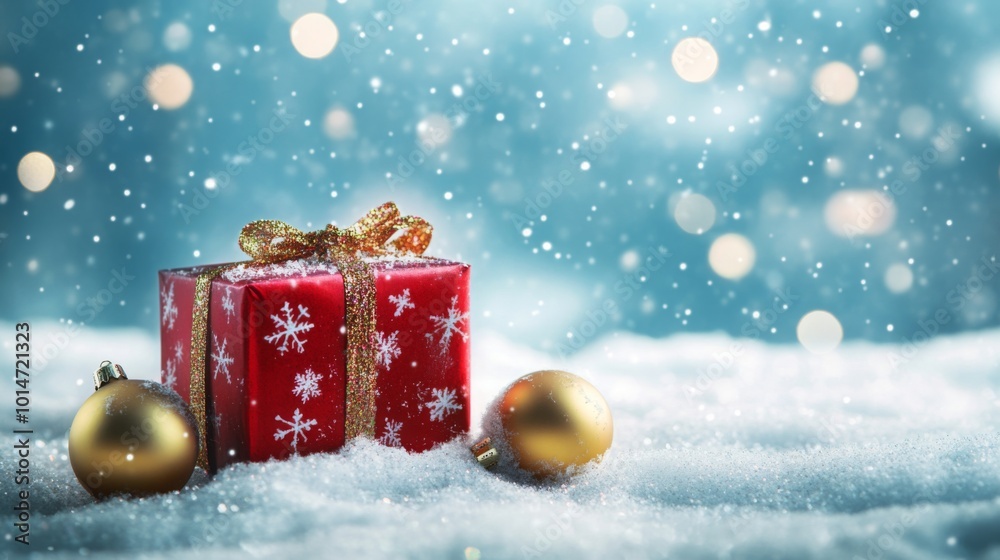 Poster a red gift box with a gold ribbon and white snowflake pattern sits in the snow. two golden christmas