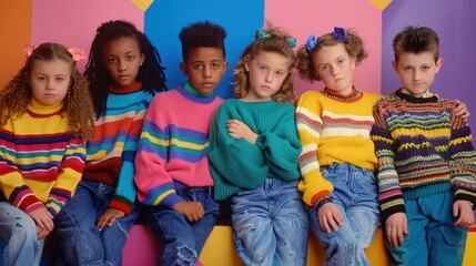 90s School Photo Day with Kids in Colorful Sweaters and Baggy Jeans