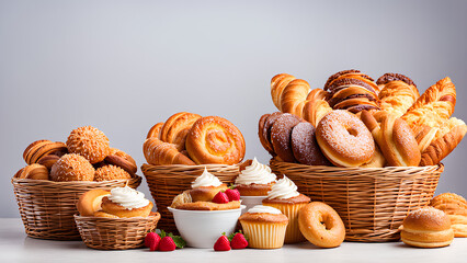 Delicious Pastries and Cakes in Vase Basket on Crisp White Background