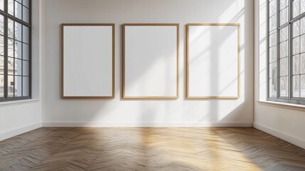 Obraz premium Bright art gallery with empty frames and natural light streaming through large windows