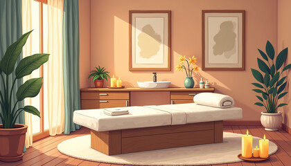 Cozy hotel spa treatment room with candles and plants in warm lighting