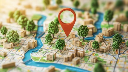City map with a map pin, trees, and buildings, emphasizing local SEO strategies for improved business location visibility.