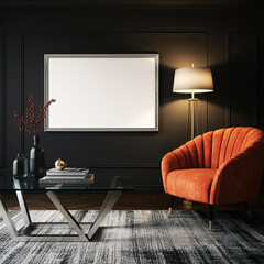 Modern Living Room with Bold Orange Chair and Sleek Black Wall in a Contemporary Interior