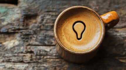 A lightbulb shape formed in the froth of a coffee cup, sitting on a wooden table.