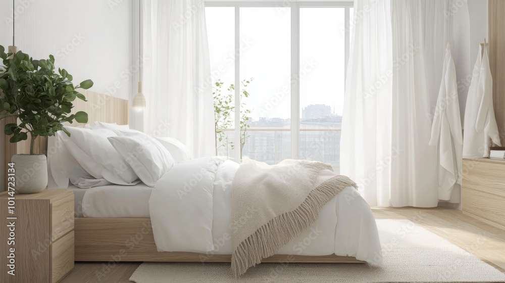 Poster a clean and simple bedroom with a white bed featuring a fluffy, fringed blanket. the bed is position