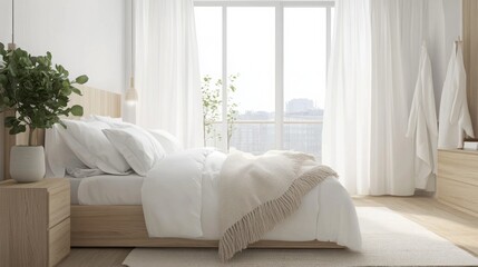 A clean and simple bedroom with a white bed featuring a fluffy, fringed blanket. The bed is positioned beneath a large window with white curtains that let in a lot of natural light