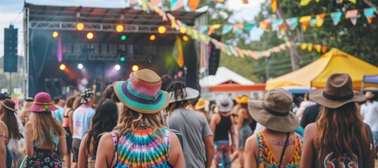 Vibrant 90s Summer Festival Crowd with Tie-Dye Fashion and Live Music Scene