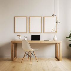 Minimalist Scandinavian Home Office with Wooden Desk and Clean White Walls