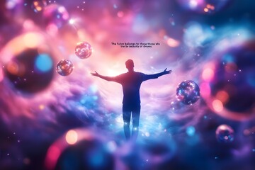 Obraz premium Visually striking image depicting a silhouetted human figure surrounded by a dreamlike ethereal scene of colorful glowing orbs and bubbles representing their visions for the future The serene