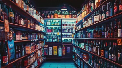 Interior of a well-stocked liquor store, with fictitious bottle labels on the shelves, creating a clean and vibrant atmosphere for shoppers.