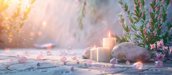 Cozy and Tranquil Candlelit Spa Sanctuary with Delicate Floral Accents Soothing Water Reflections and Zen Inspired Natural Elements for a Peaceful Escape and Relaxing Wellness Ritual