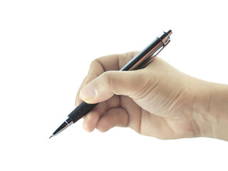 Female hand holding pen isolated on transparent background.