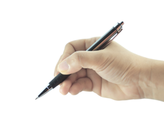 Female hand holding pen isolated on transparent background.