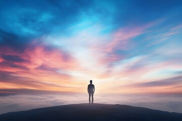 A lone figure standing on the edge of a vast open landscape their gaze fixed on the shimmering horizon representing the boundless potential of the future and the power to overcome the doubts of today