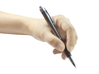 Female hand holding pen isolated on transparent background.