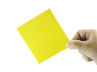 Female hand holding blank note paper isolated on transparent background.