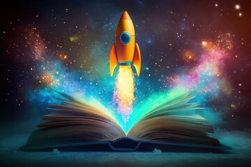 Naklejka premium Rocket Launch from Open Book with Vibrant Colors