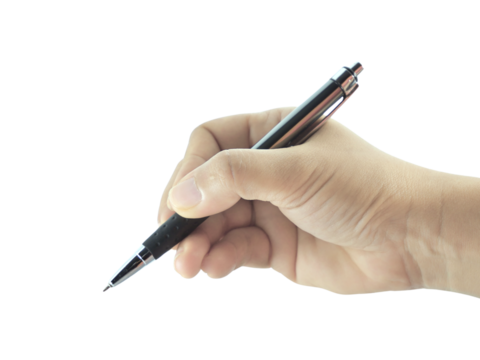 Female hand holding pen isolated on transparent background.