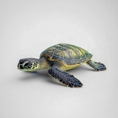 A green sea turtle against a clean white background