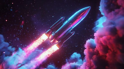 A silver rocket ship launches into space, leaving colorful trails of smoke behind it. The rocket is flying through a dark sky with a large, billowing cloud of pink and blue smoke behind it.