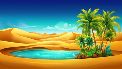 A serene desert oasis with palm trees and a tranquil blue pond under a bright sky.