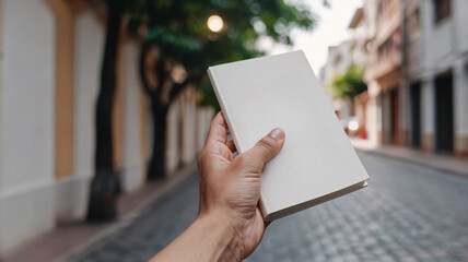 A hand holding novel book with blank cover under blurred street background for copy space of mock up, 3D model, rendering & presentation.
