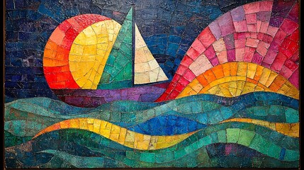 Fototapeta premium Abstract Sailing Boat on Wavy Ocean Colors