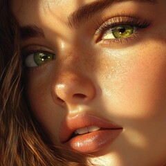 Naklejka premium Captivating portrait of a young woman showcasing vivid green eyes and natural beauty