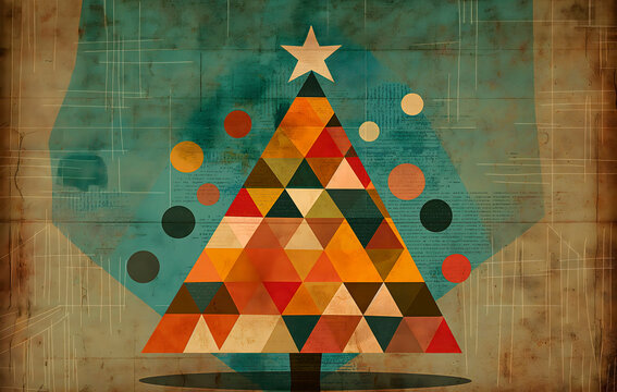 Colorful geometric Christmas tree design with a star topper and abstract background, ideal for modern holiday cards, creative seasonal marketing, or contemporary home decor