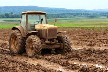 Obraz premium Picturesque countryside scene depicting a serendipitous accident where a farmer s tractor gets stuck in the mud leading to the unearthing of a long forgotten family heirloom