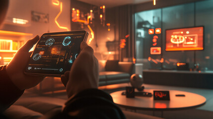 Naklejka premium Smart Home Control Interface on Tablet Device with Futuristic User Interface in Modern Living Room