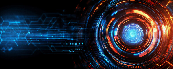 Obraz premium Digital Eye of Innovation: A captivating digital illustration of a futuristic eye, glowing with vibrant blue and orange hues. The intricate circular design, reminiscent of advanced technology.